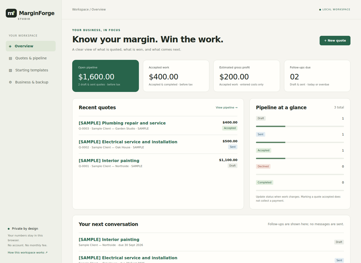 MarginForge desktop application — illustrative sample data