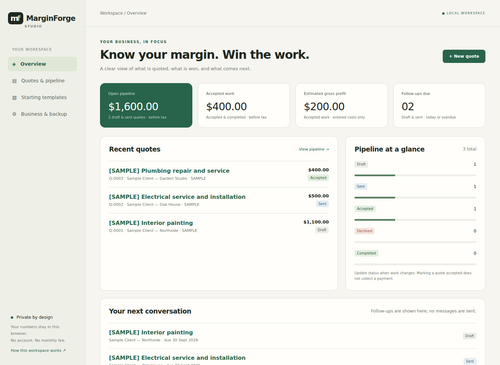 MarginForge desktop application — illustrative sample data